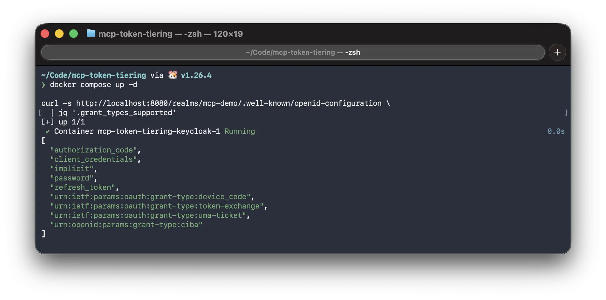 grant_types_supported includes token-exchange Terminal output of the grant_types_supported check, listing urn:ietf:params:oauth:grant-type:token-exchange among the supported grant types after the Keycloak container starts