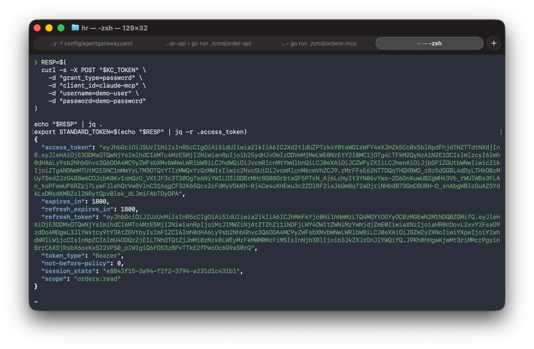 Standard token response with scope orders:read Terminal showing the OAuth password grant response from Keycloak, with access_token, refresh_token, token_type Bearer, and scope orders:read