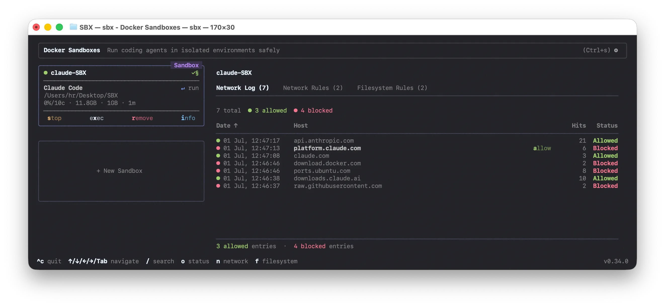 Login blocked in the sbx TUI Login blocked in the sbx TUI, showing Anthropic and Docker endpoints denied