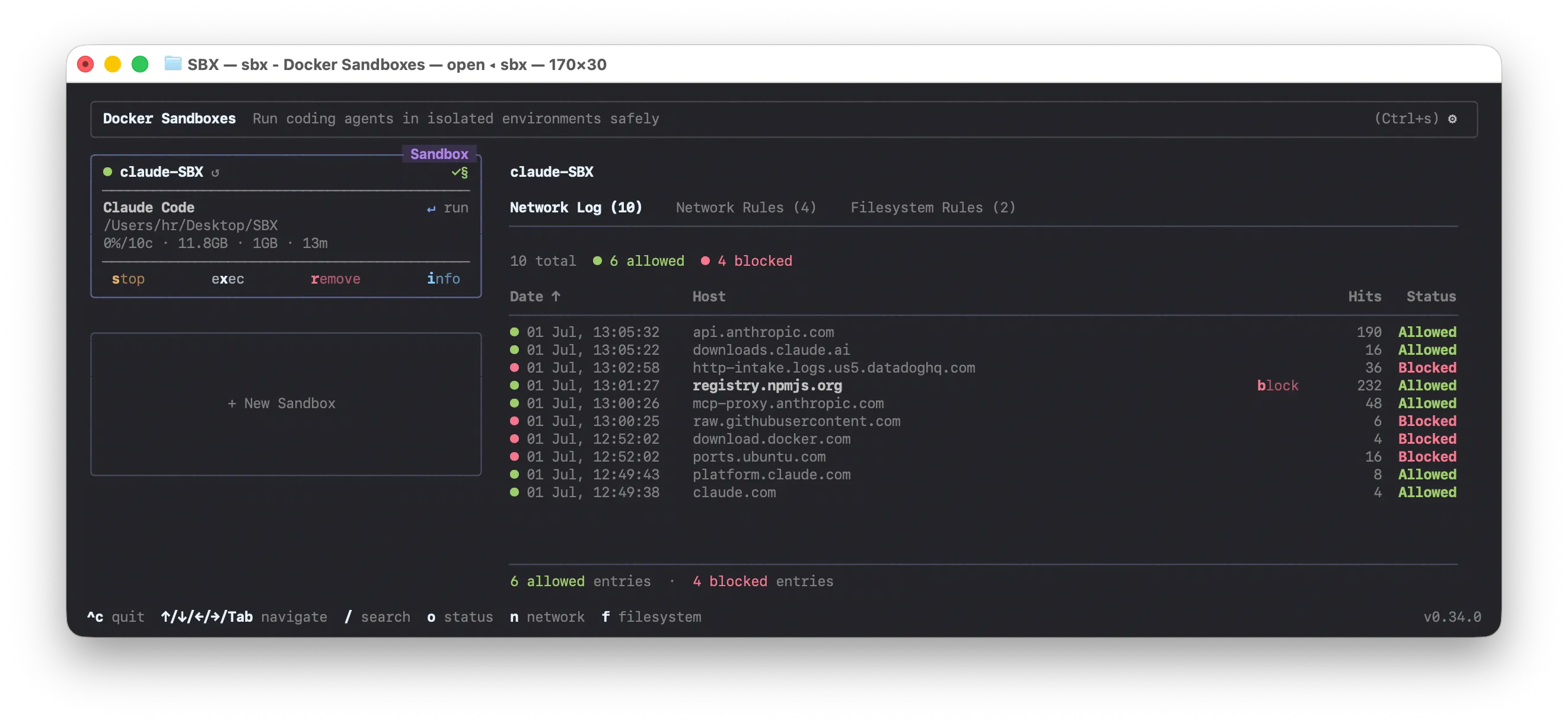 registry.npmjs.org allowed, datadog still blocked registry.npmjs.org allowed with 232 hits while Datadog telemetry stays blocked